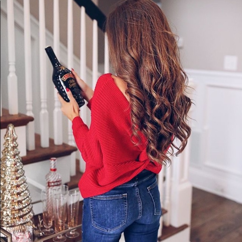 Red knot twist sweater